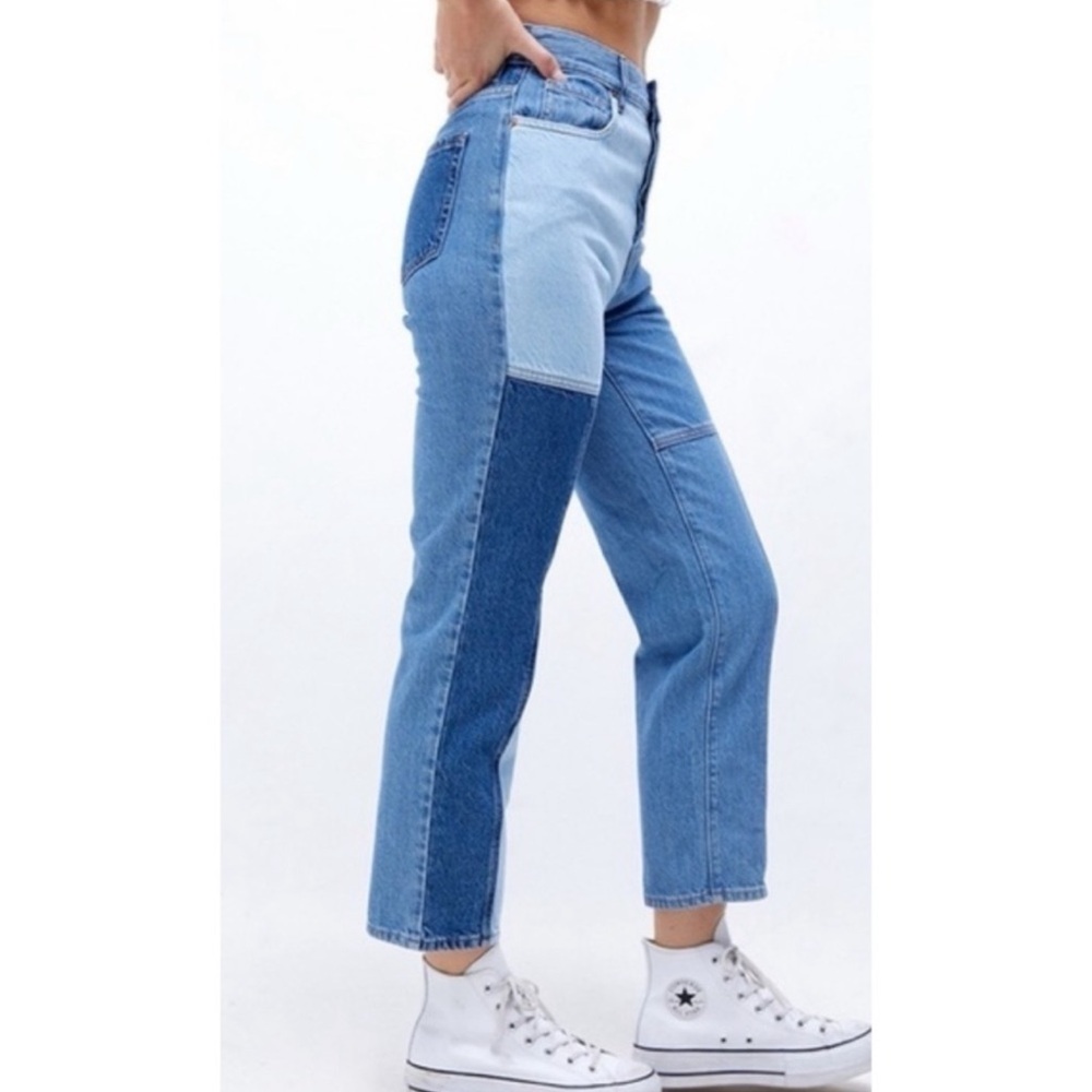 PACSUN Eco Two-Tone Patchwork Blue High Waisted Straight Leg Jeans - Picture 2 of 13